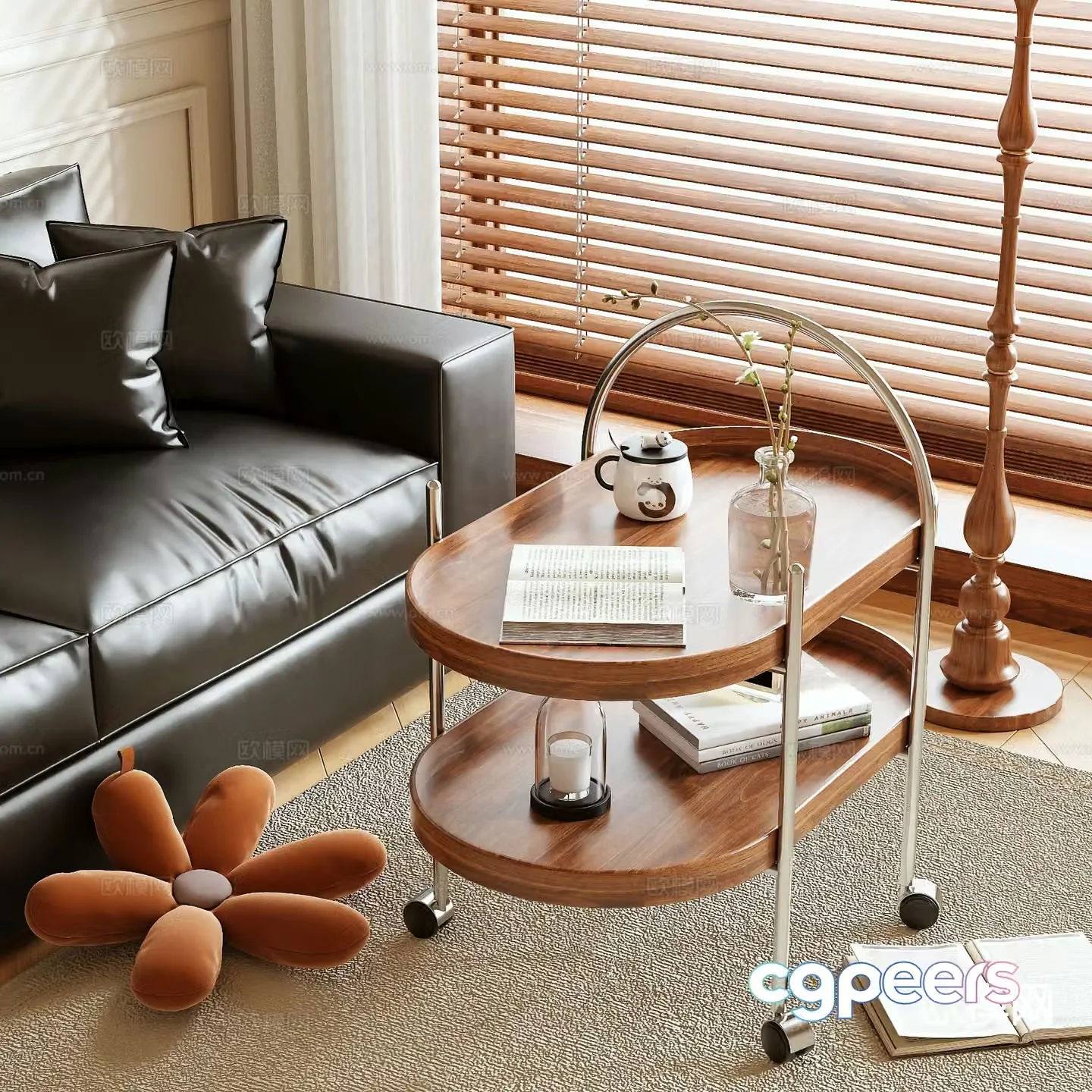 Log style mobile corner table trolley side table 3D model
