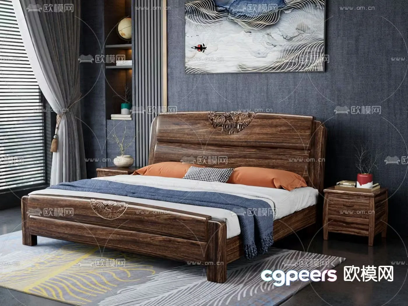New Chinese style double bed 3d model