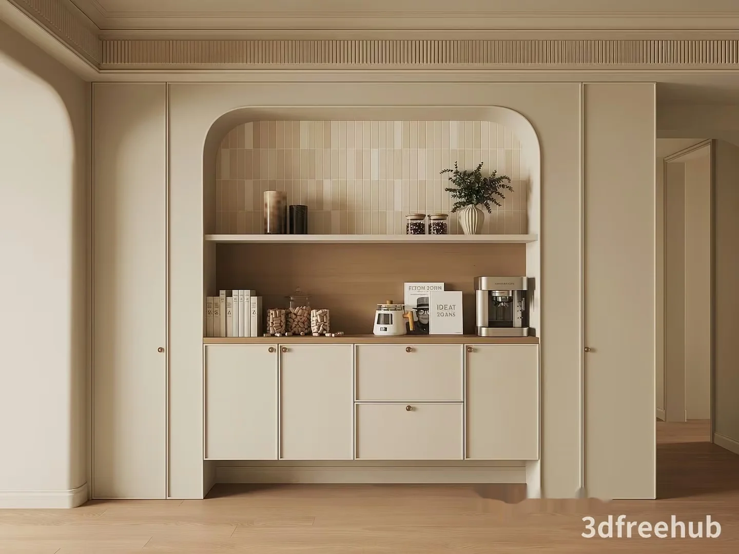 A White Kitchen Cabinet With A Coffee Maker 3D Model – 19693 – VRAY Render