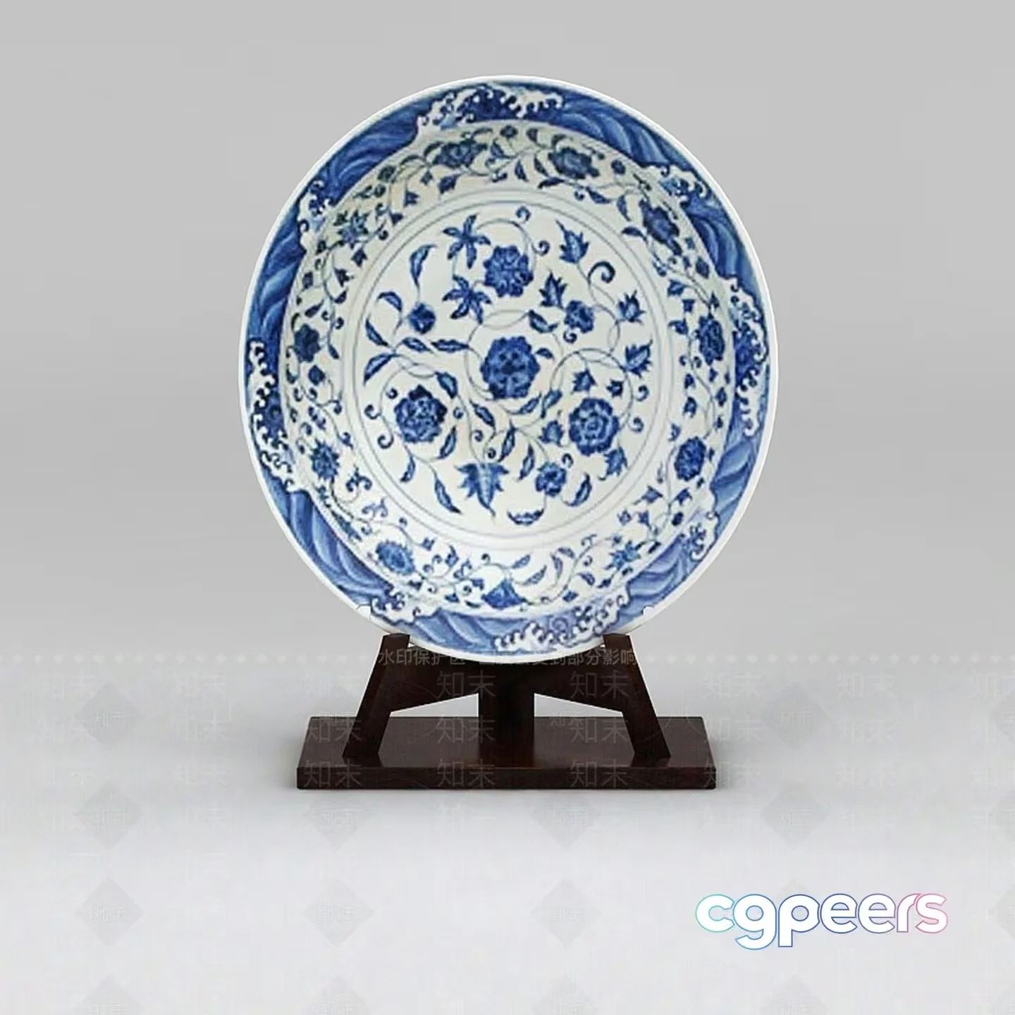 A Decorative Plate With Blue Floral Designs 3D Model – 18264 – VRAY Render