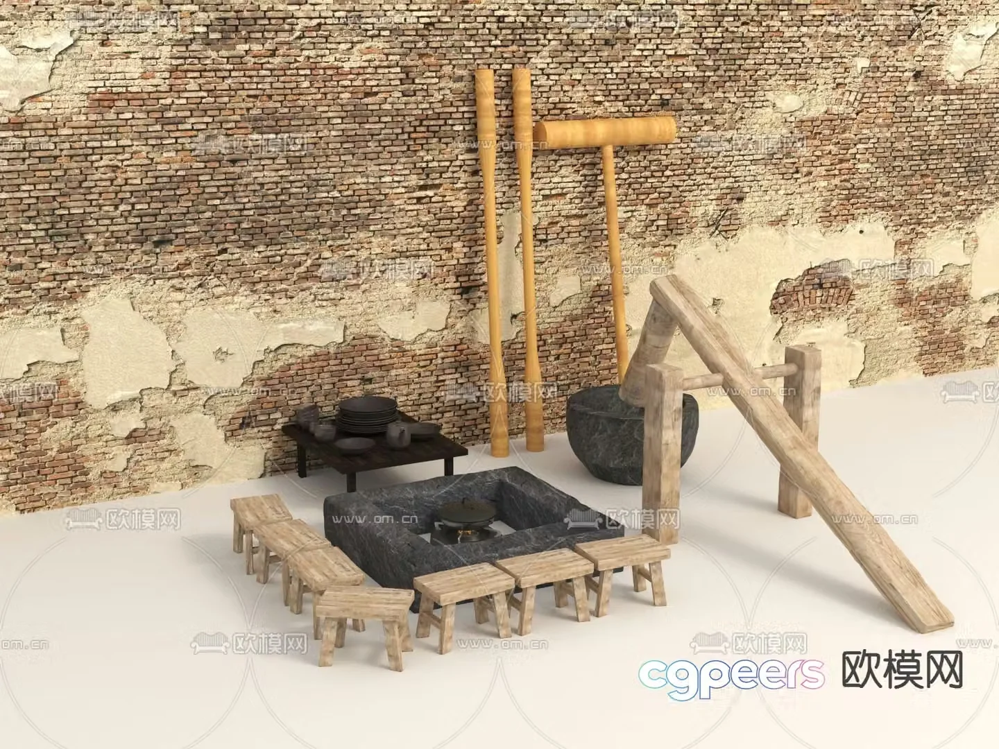 Farm tools sketch oil tea rice cake making stone mortar 3D model