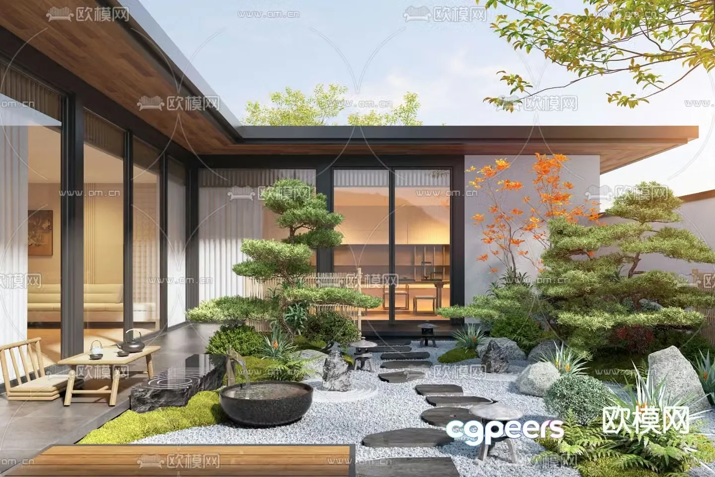 New Chinese style courtyard landscape villa courtyard 3D model