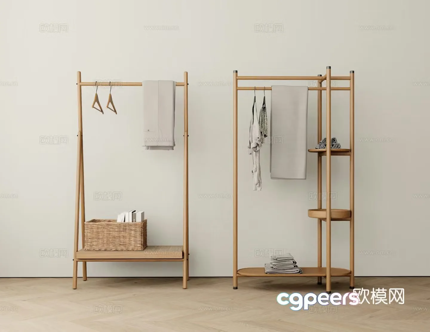 Modern solid wood clothes hanger floor hanger 3d model