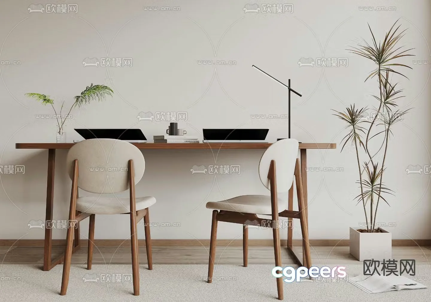 Double desk computer desk study table 3d model