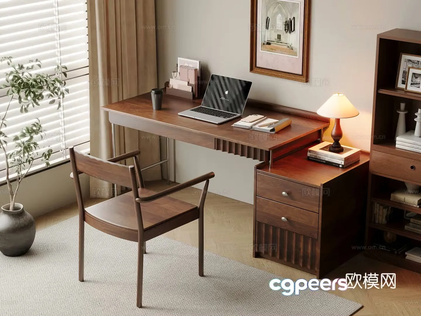 Middle-aged style desk and chair solid wood computer desk and chair writing desk study desk and chair solid wood single chair bookcase 3D model