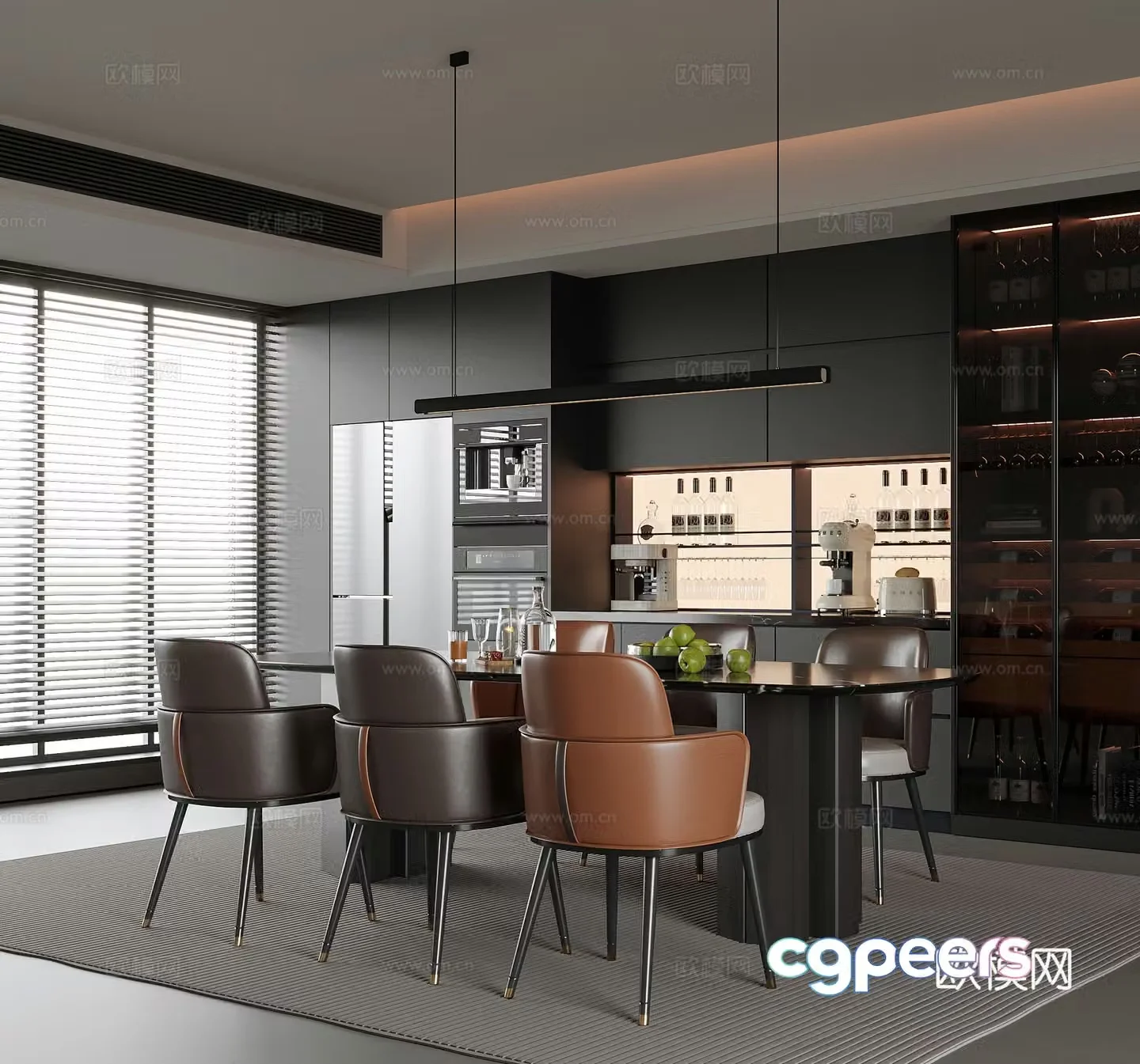 Modern restaurant sideboard wine cabinet dining table and chair 3d model