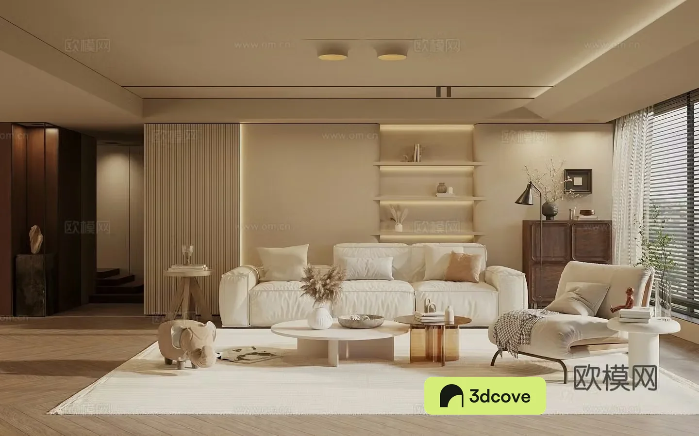 Wasabi Middle Style Living Room Sofa Coffee Table Combination Decorative Cabinet Side Cabinet Sofa Background Wall Art 3D Model