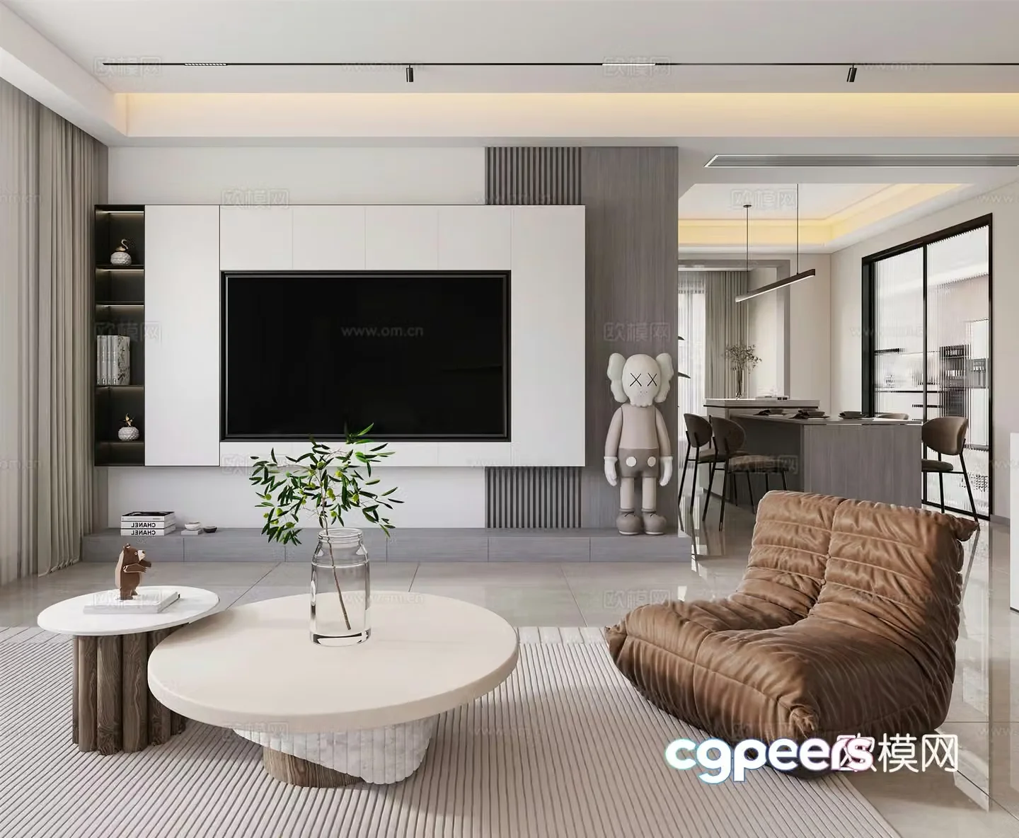 Modern living room and dining room TV background wall leisure chair side table corner island modern living room 3d model