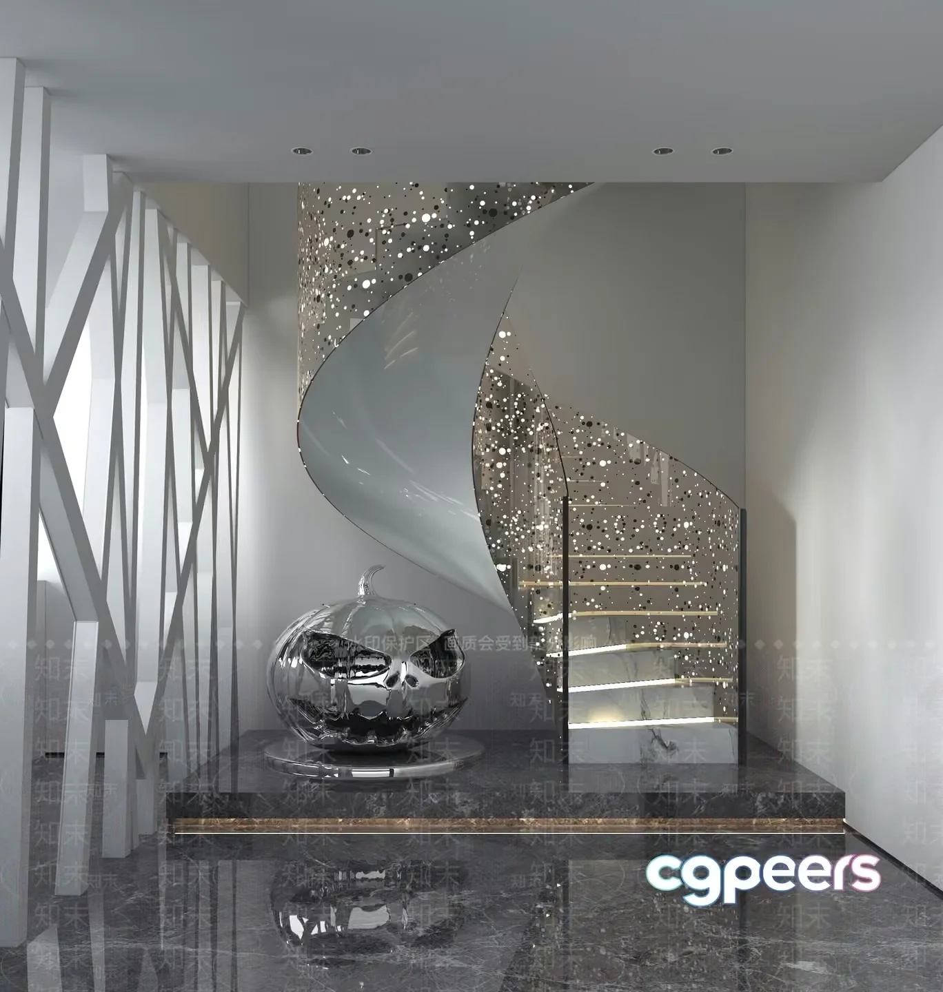 A Modern Spiral Staircase With A Silver Pumpkin Sculpture 3D Model – 12763 – VRAY Render