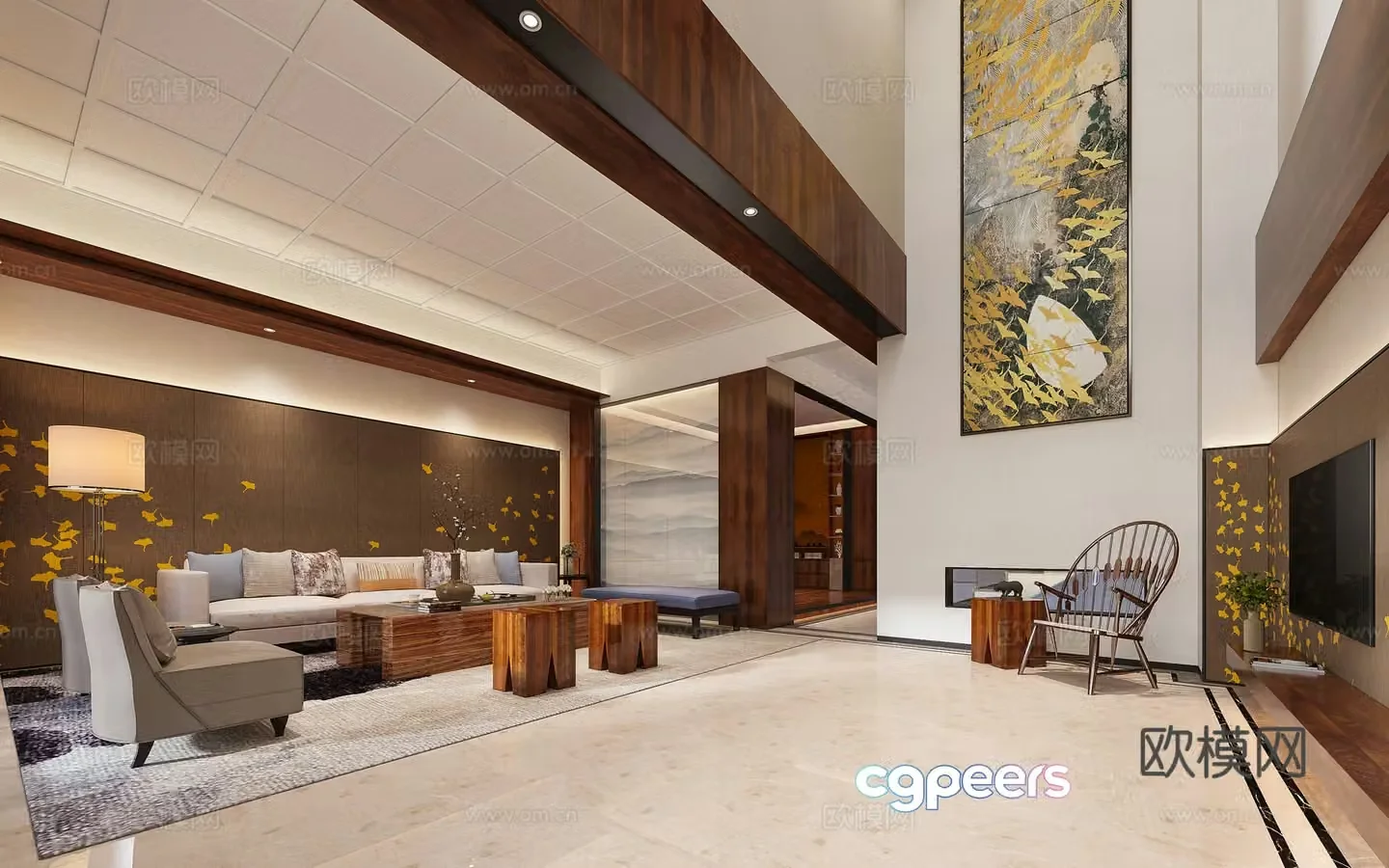 New Chinese style villa living room villa lobby 3D model