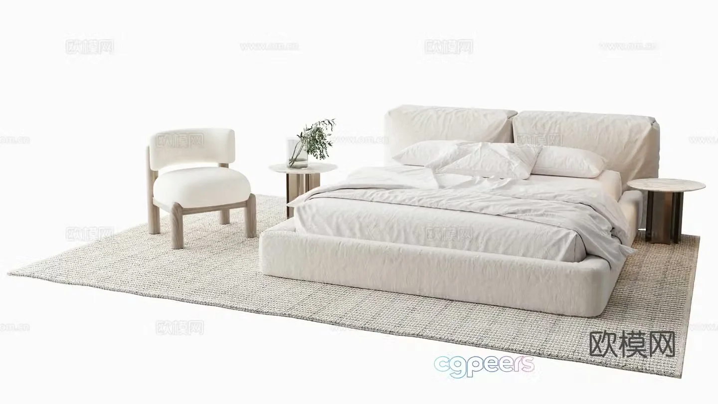 Creamy Double Bed Leisure Chair 3D Model