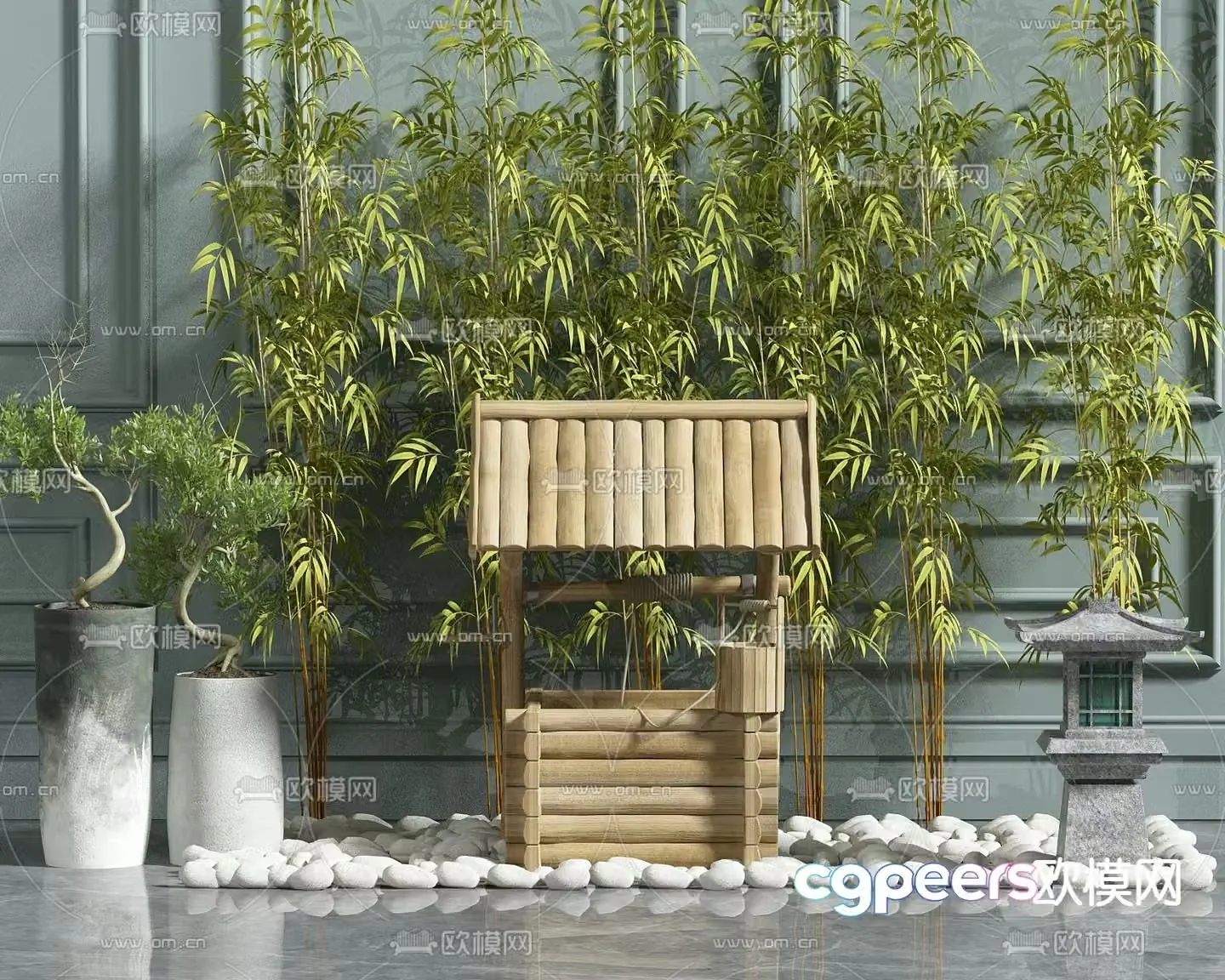 Green bamboo sketch pebbles ancient well sketch 3d model