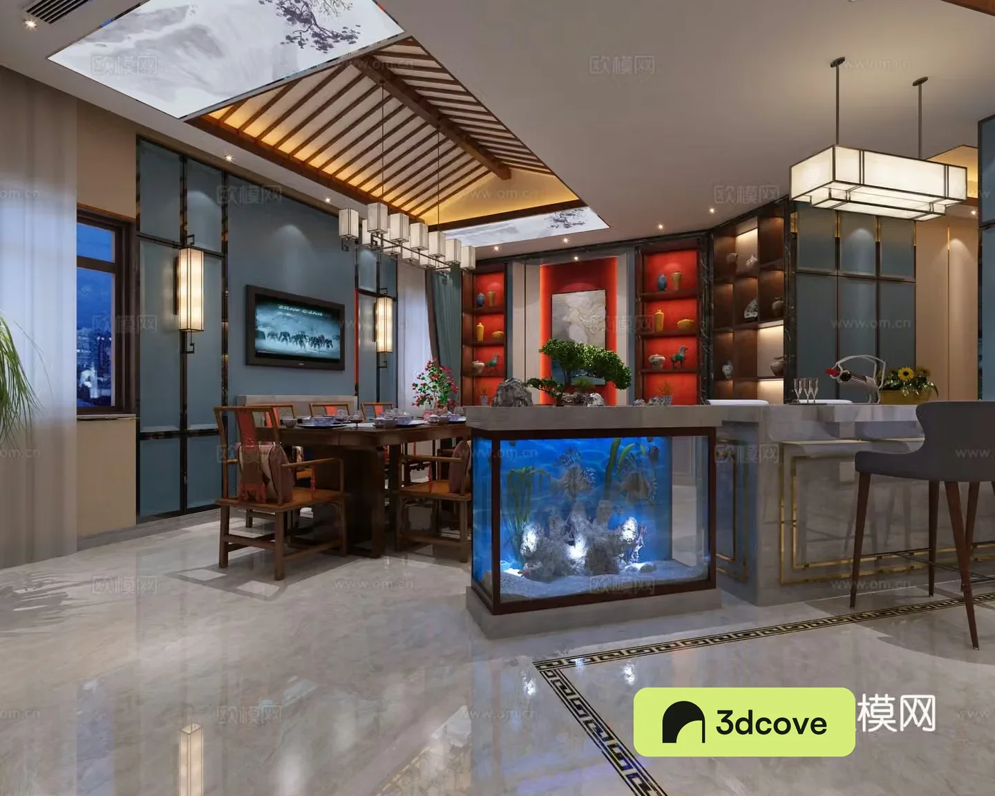 New Chinese style living and dining room entrance aisle chandeliers sofa dining table and chairs fish tank 3D model