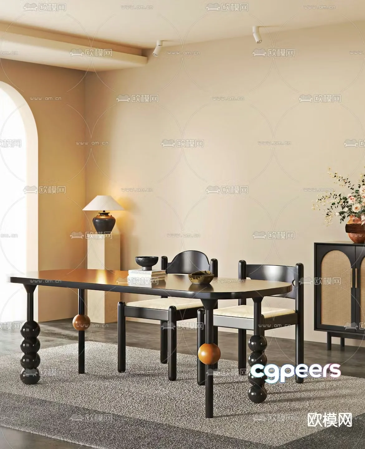 Medieval style dining table and dining chairs 3D model