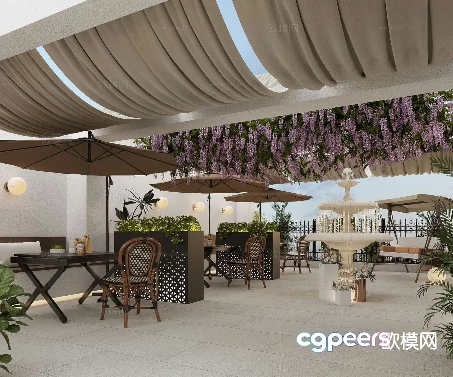 French terrace fountain roof garden 3d model