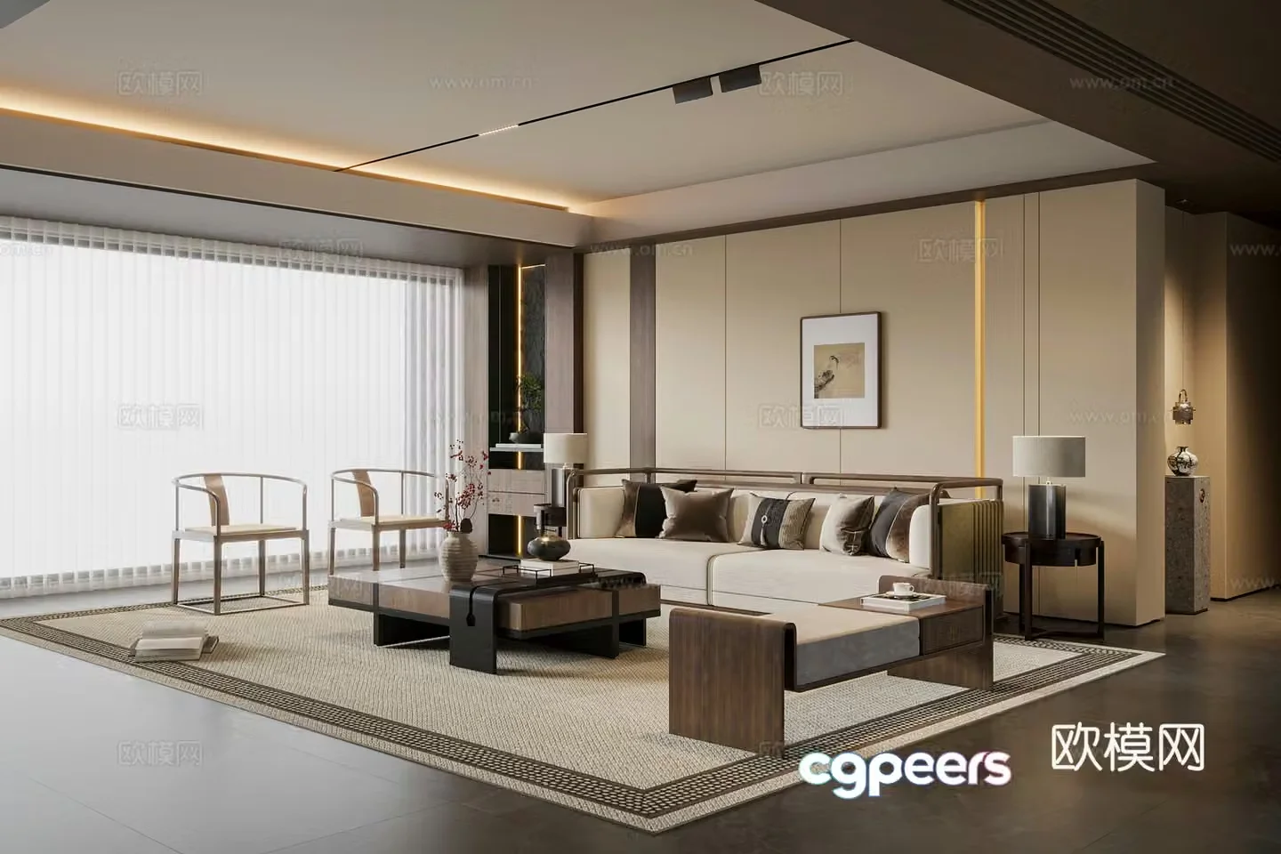 New Chinese style living room sofa coffee table combination leisure chair sofa stool three-person sofa 3D model