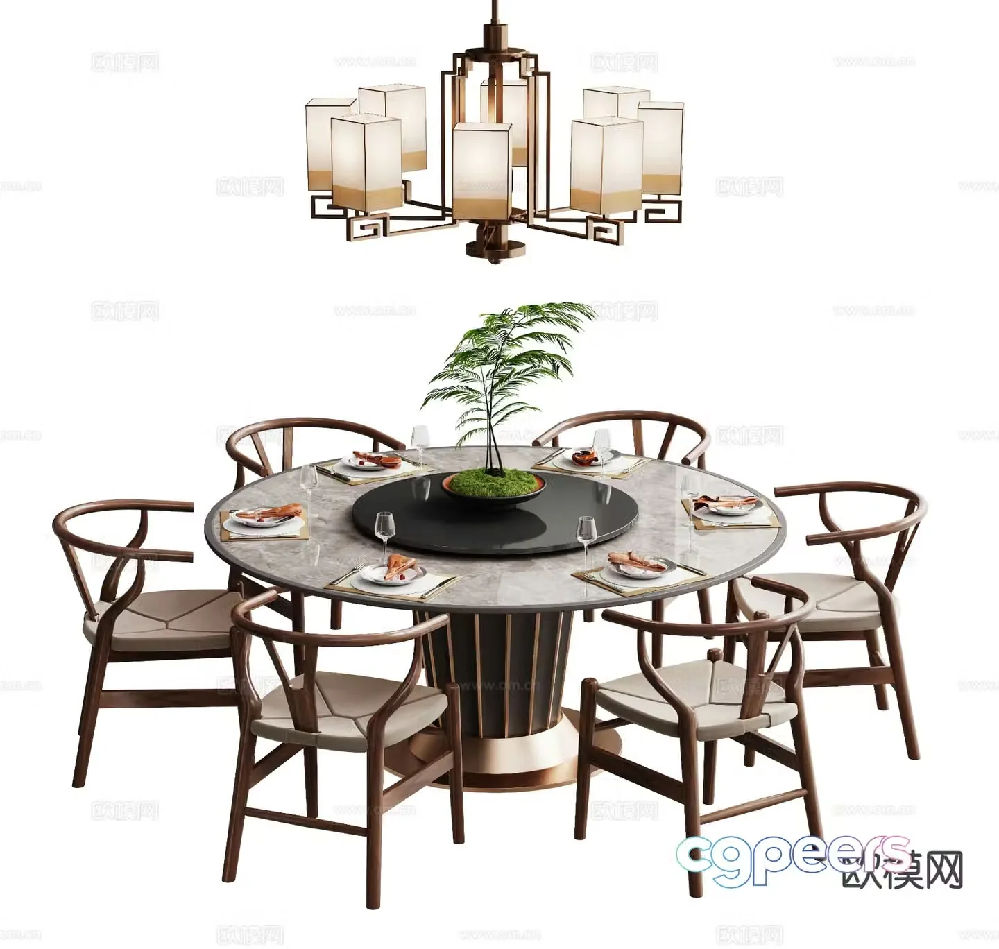 New Chinese style dining table and chairs round dining table 3d model