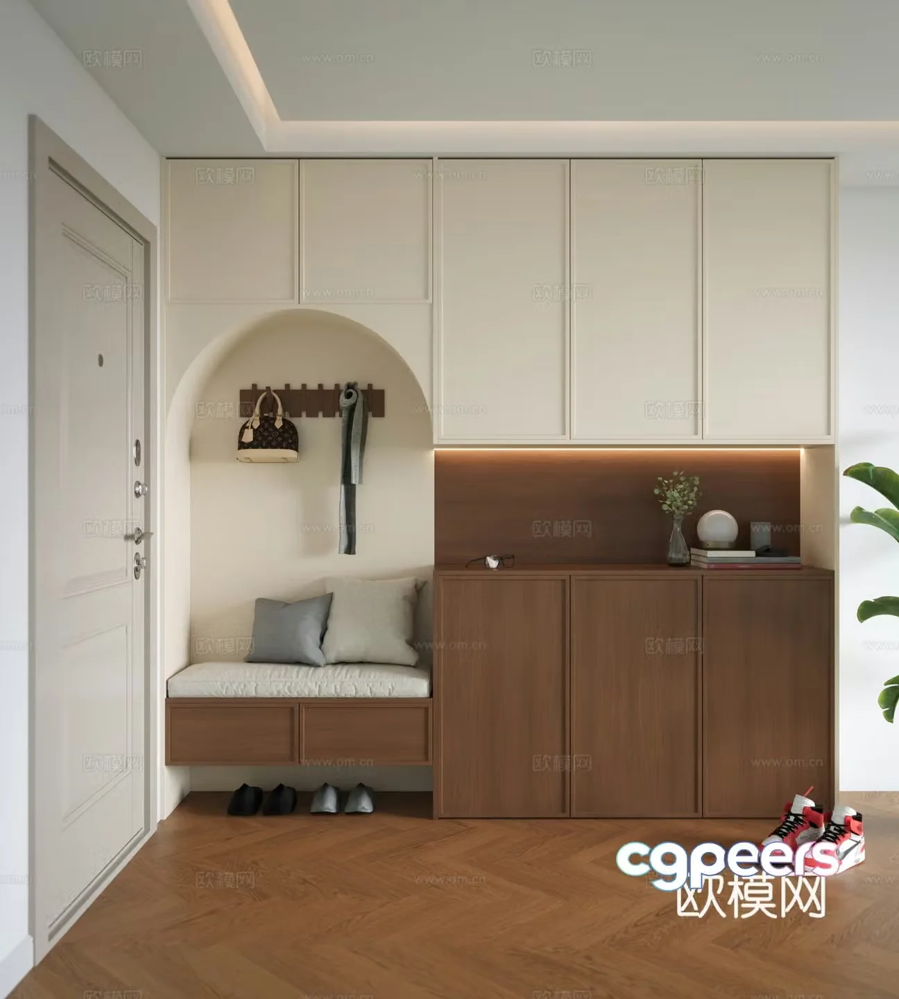 Middle-aged style shoe cabinet Middle-aged style home entrance shoe cabinet Middle-aged style shoe changing stool Middle-aged style invisible coat hook 3D model