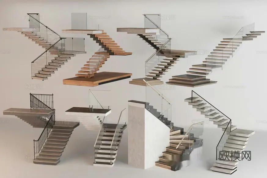 Stairs With Glass Railings 3D Model – 12580 – VRAY Render