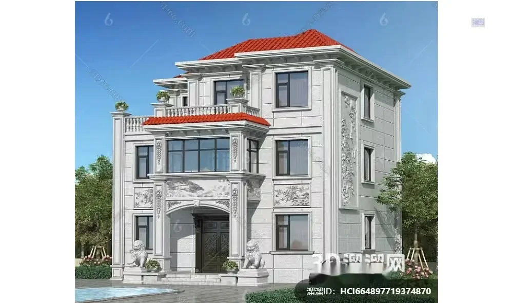 A Large House With A Red Roof 3D Model – 4478 – VRAY Render