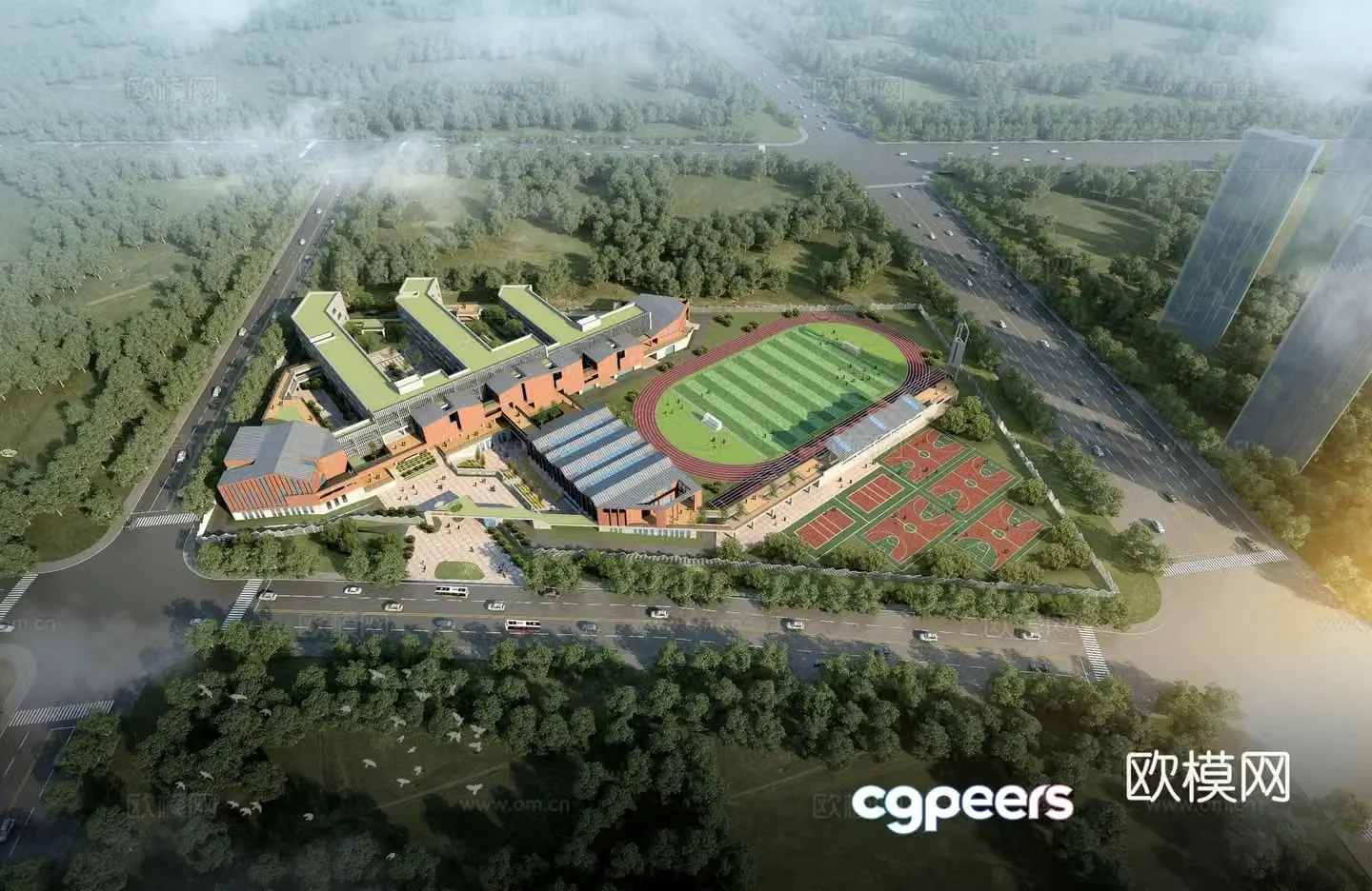 School aerial view 3d model