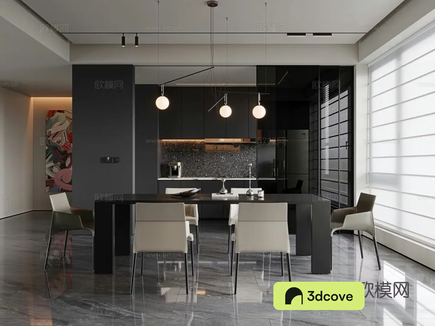 Italian minimalist restaurant dining table and chair combination long dining table single chair leather dining chair closed kitchen