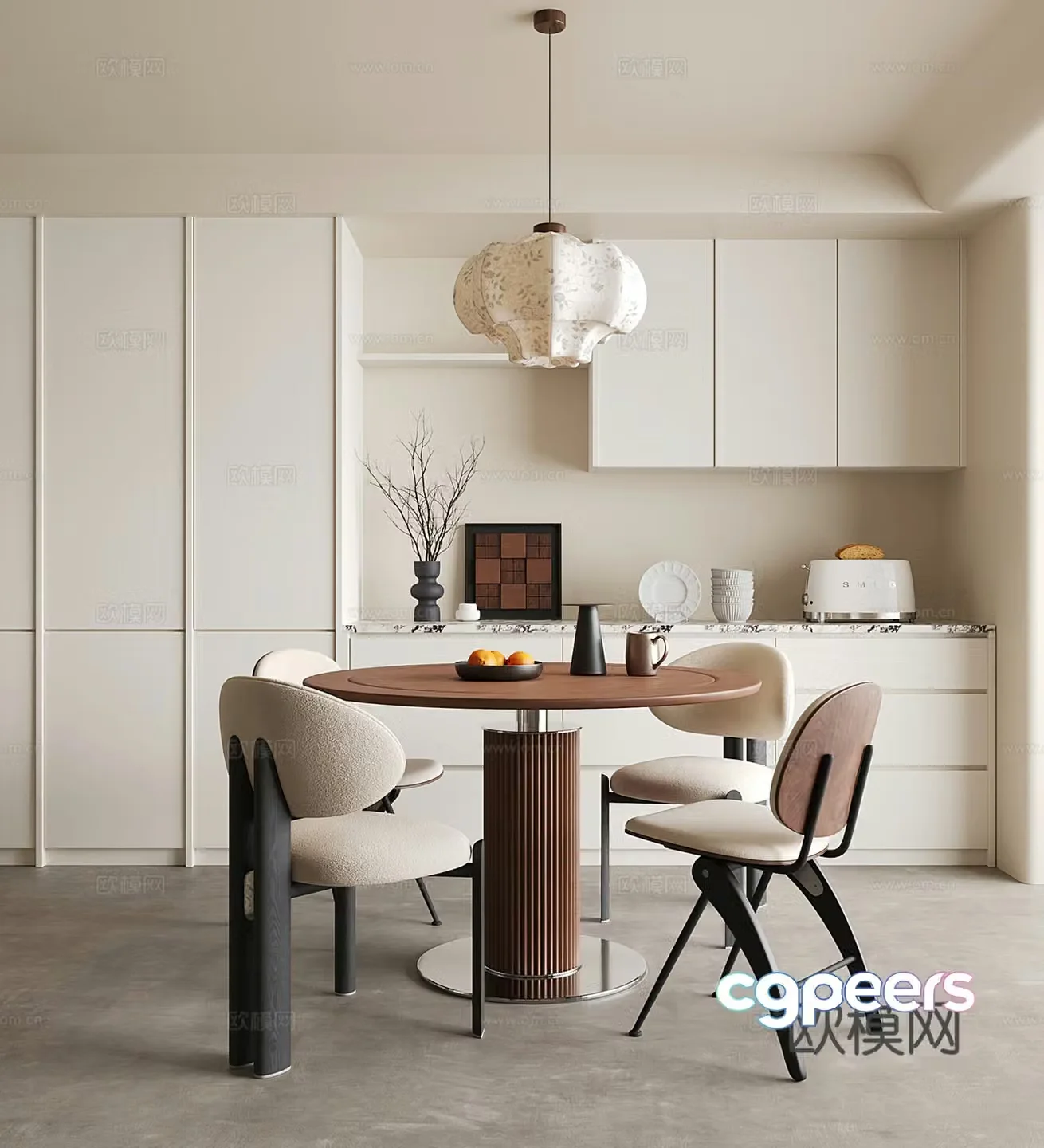 Middle style restaurant dining table and chairs wine cabinet chandeliers round dining table 3D model