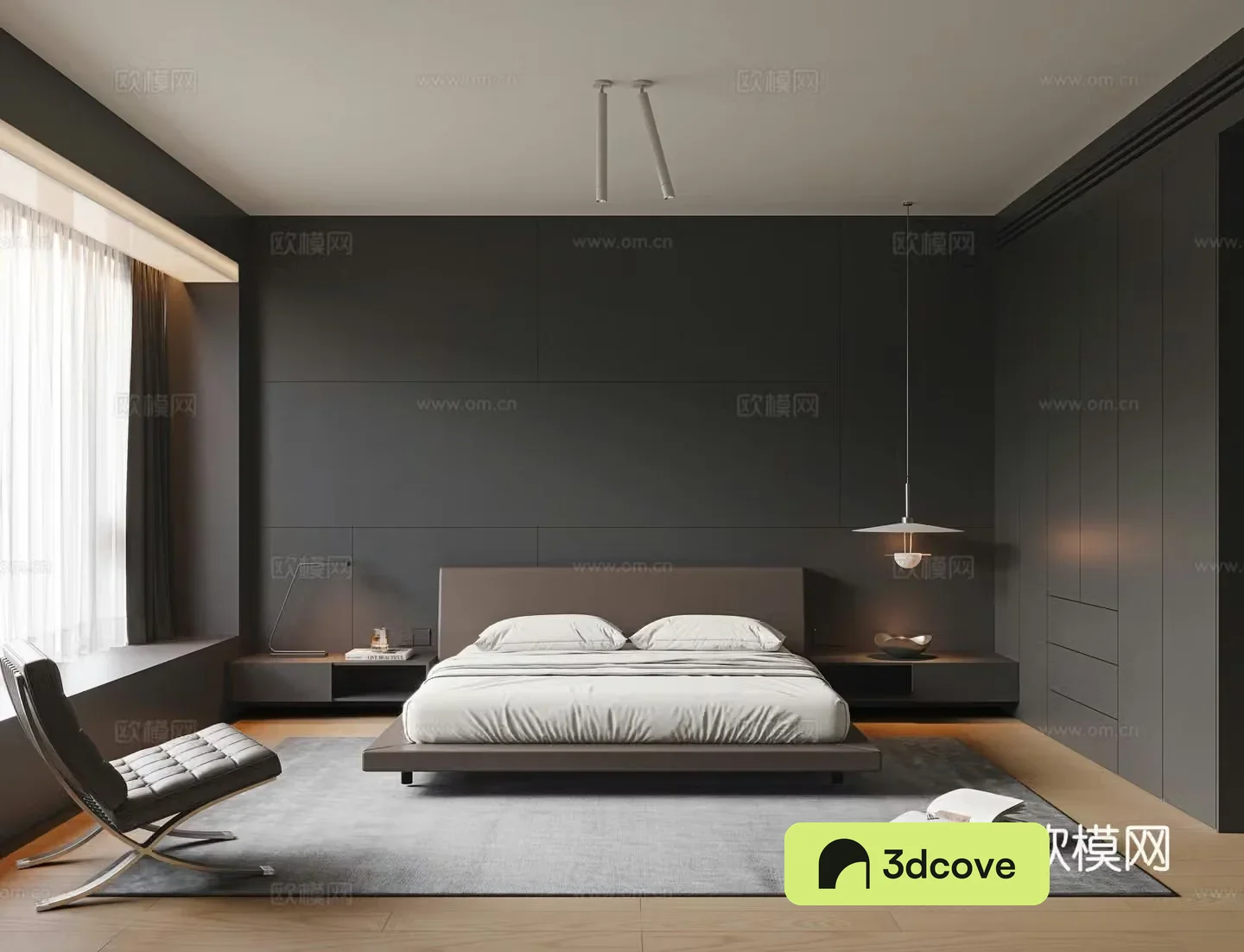 Modern minimalist bedroom Dark bedroom Master bedroom No main light bedroom Leather art double bed Suspension