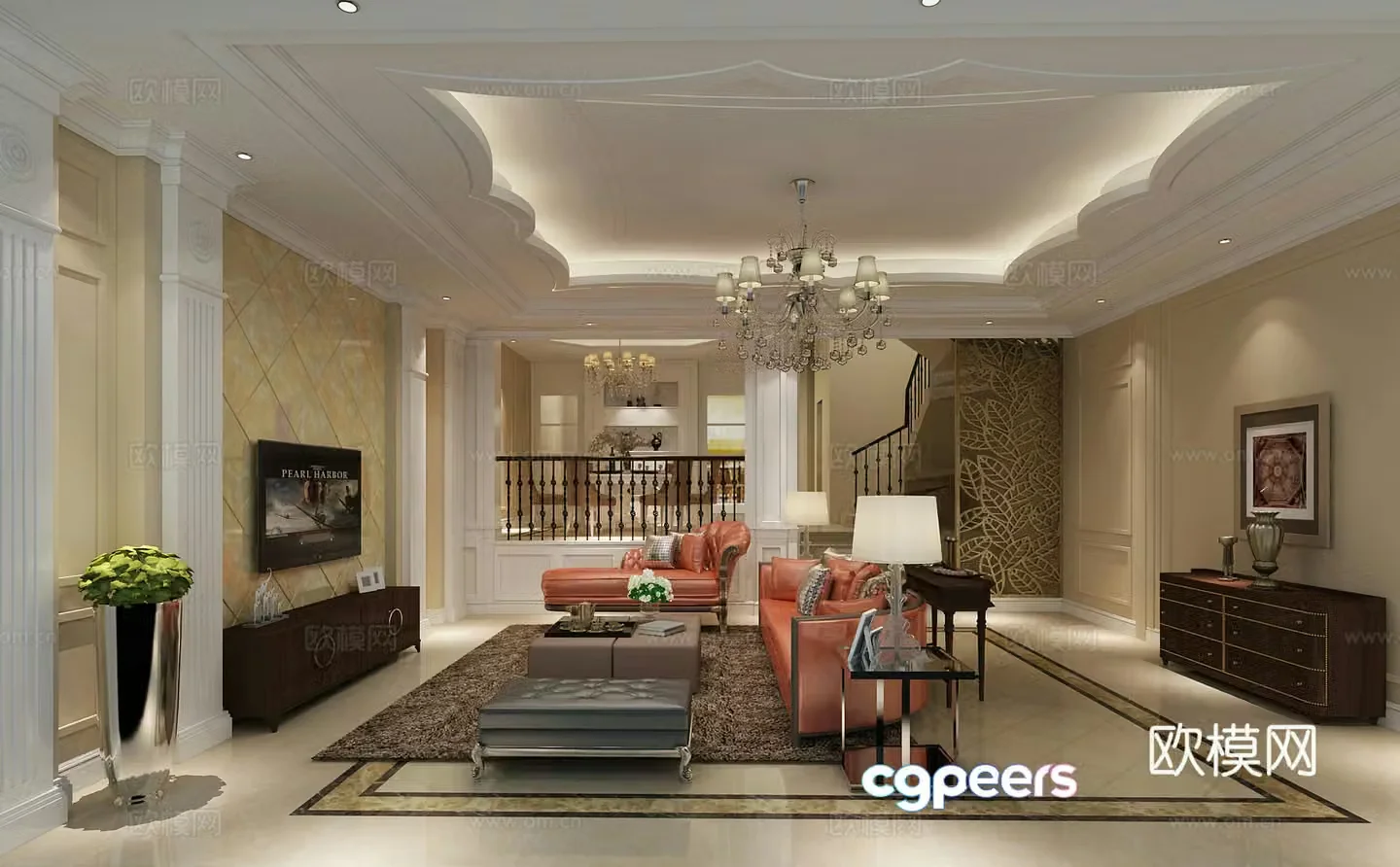 European classical villa living and dining room sofa vase TV cabinet decorative cabinet chandelier 3d model