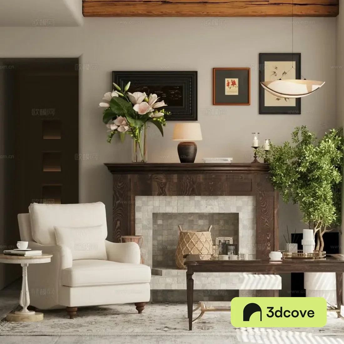 Middle-aged leisure chair fireplace solid wood coffee table floral ornaments 3D model
