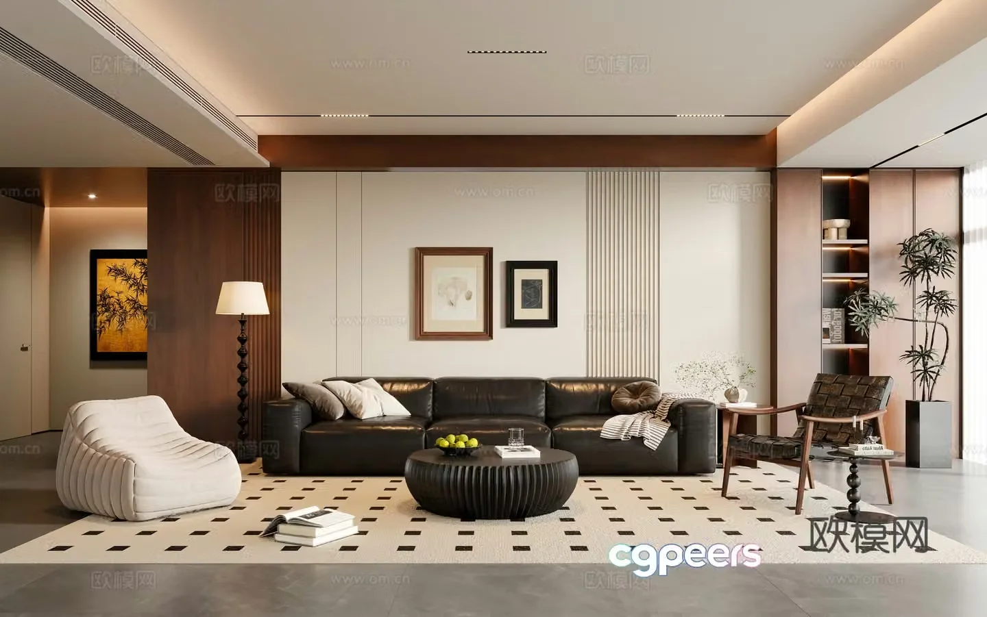 Modern medieval living room sofa coffee table three-person sofa leisure chair floor lamp painting floor 3D model