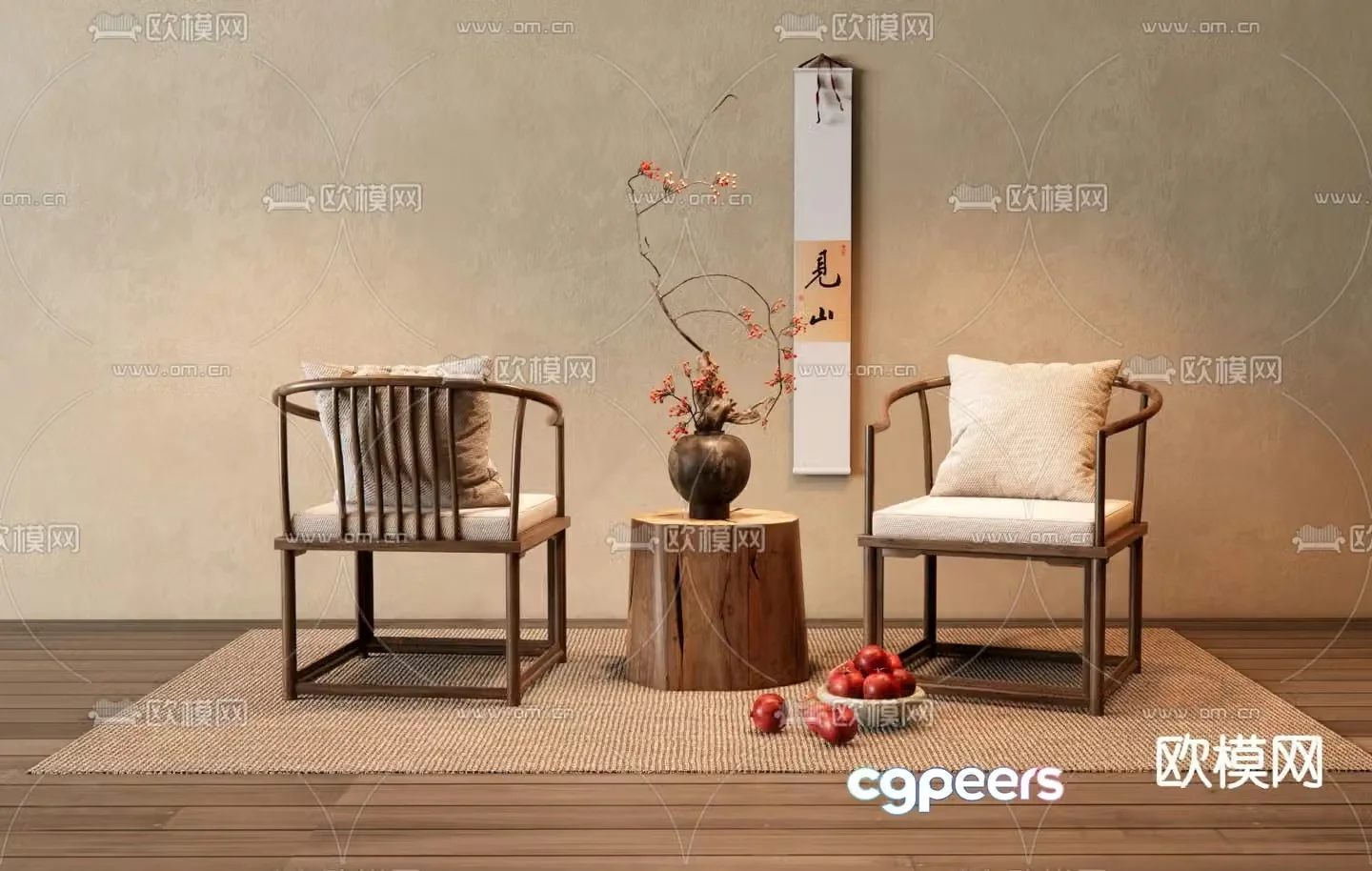 New Chinese style leisure chair tea chair vase ornaments decorative painting wooden pier 3D model