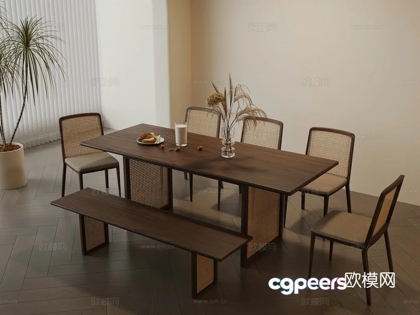 Medium style dining table and chair 3D model