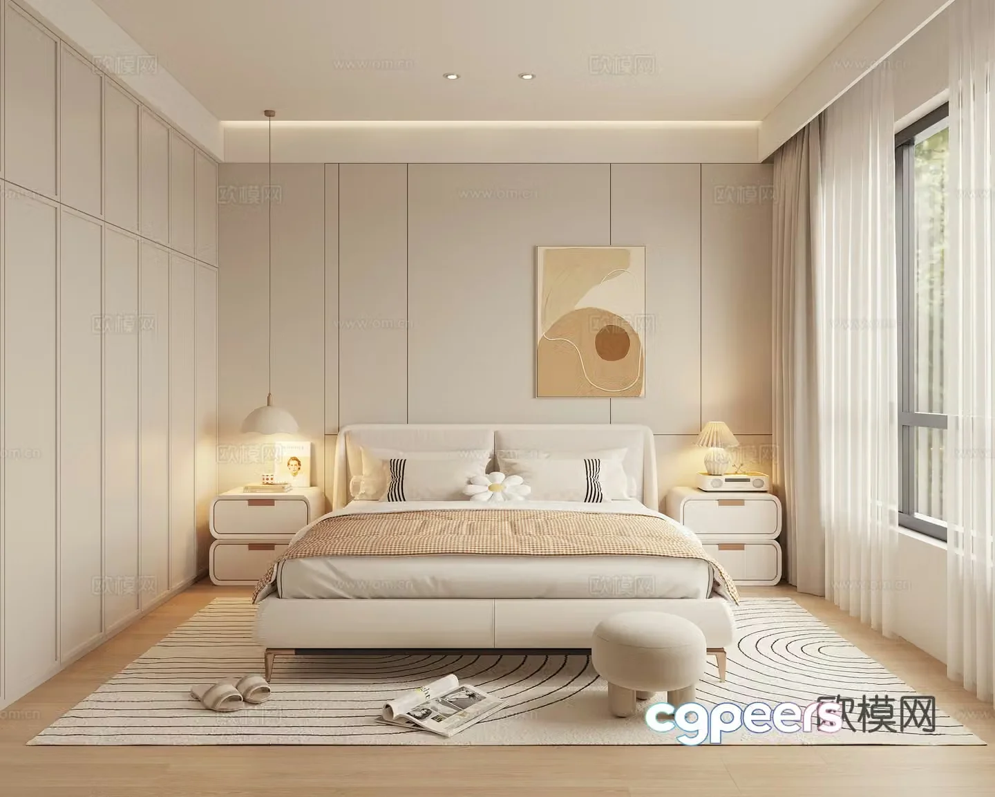 Creamy Bedroom Double Bed 3D Model