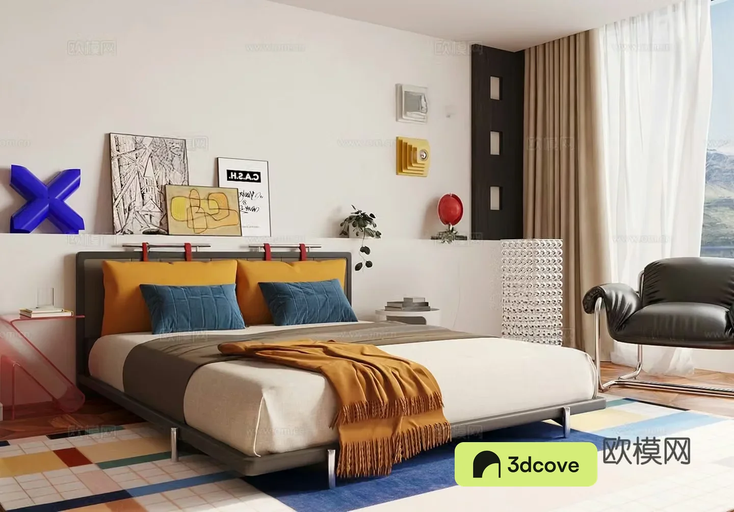 Modern minimalist master bedroom Bauhaus bedroom Double bed Dopamine Memphis Ornament