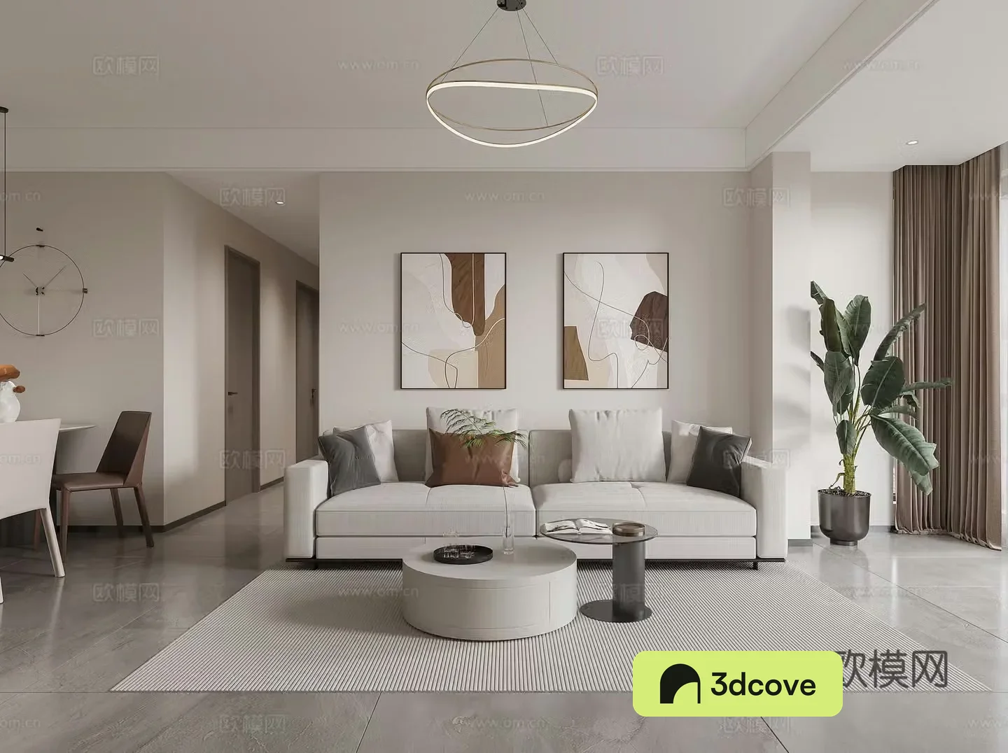 Modern living and dining room combination sofa potted modern living room dining table chandelier simple