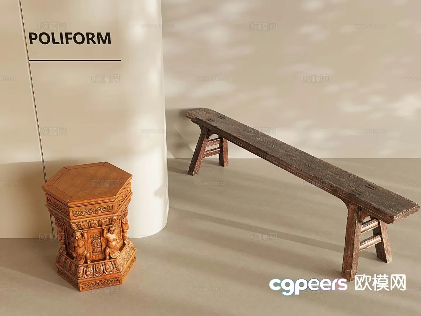 Chinese carved stool solid wood stool bench bench 3d model