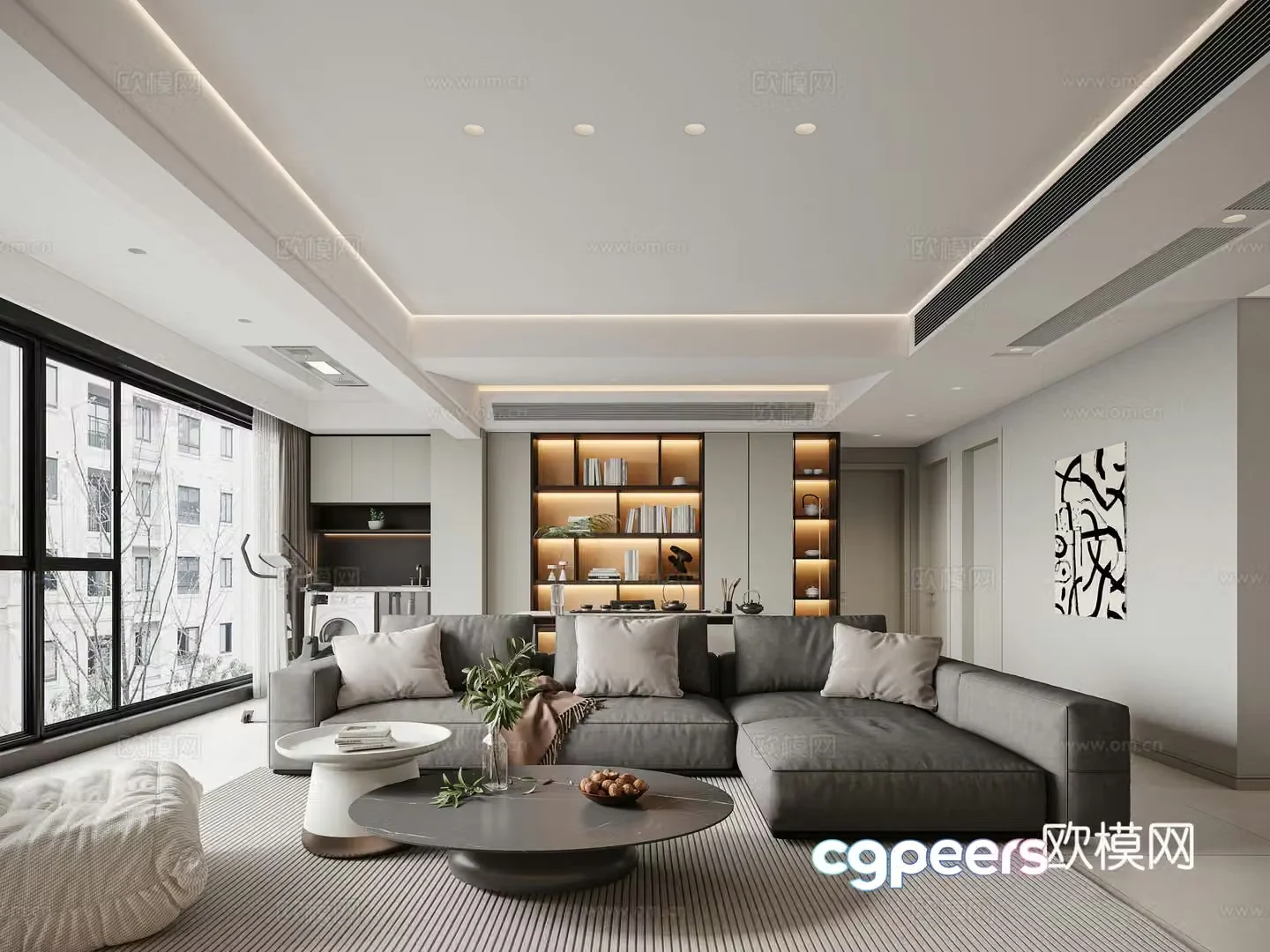 Modern black and white and gray restaurant without owner lamp shape wall panel leather sofa coffee table chandeliers dining table chair wall lamp track light 3d model