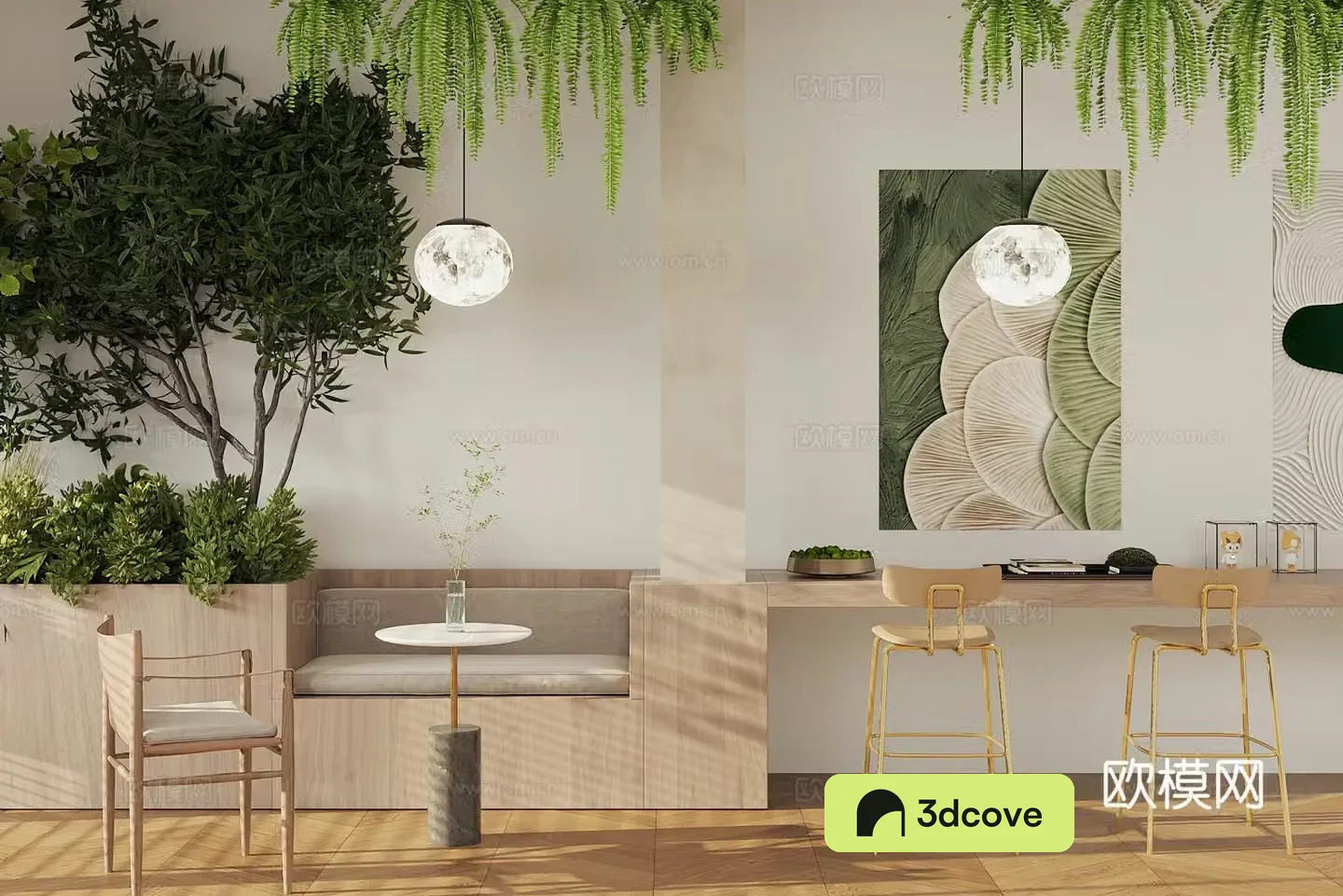 Creamy style milk tea shop rest area Milk tea shop card holder table and chair Natural camping style milk tea shop Green plant pile