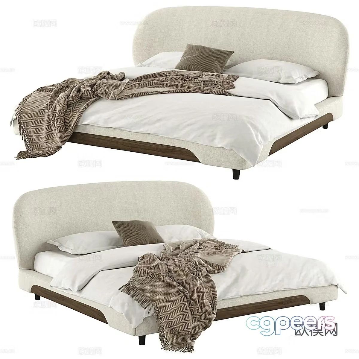 New Chinese style log style fabric double bed 3D model