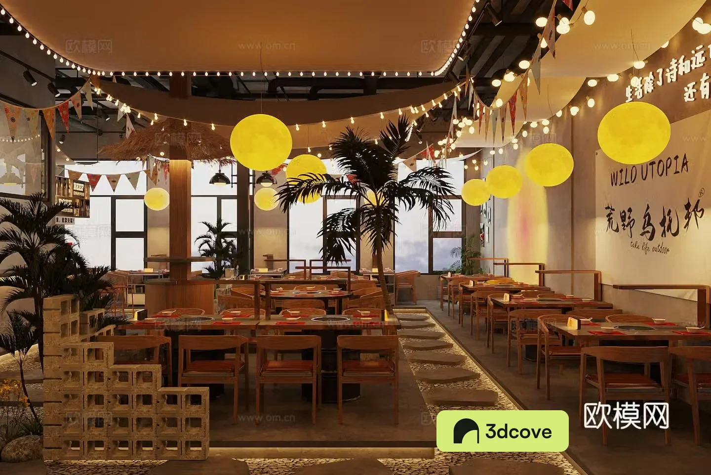 Industrial style barbecue restaurant hot pot restaurant roast pork shop Chinese restaurant dining table and chair combination moonlight