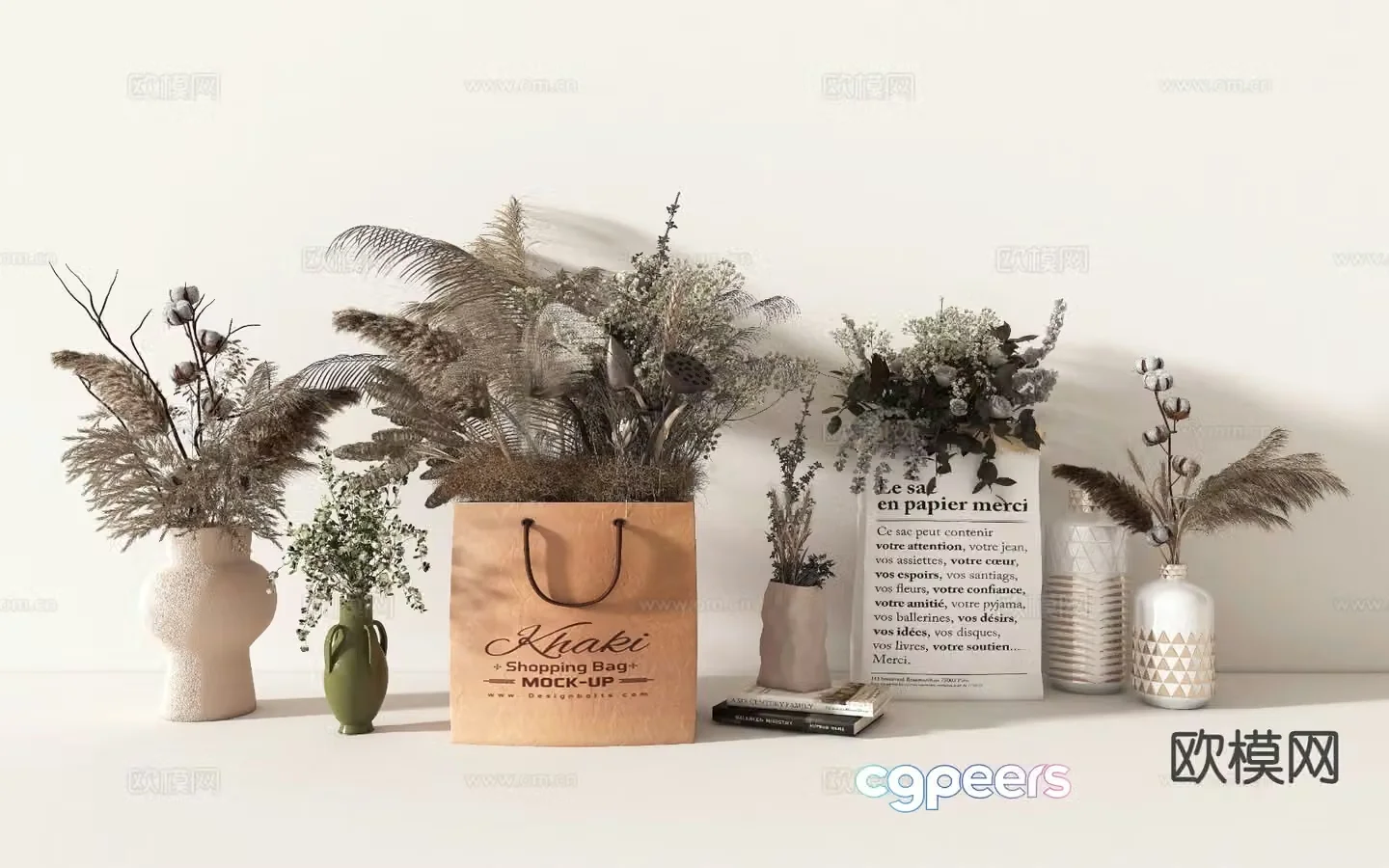 vase floral arrangement dried flowers reed flower arrangement 3d model