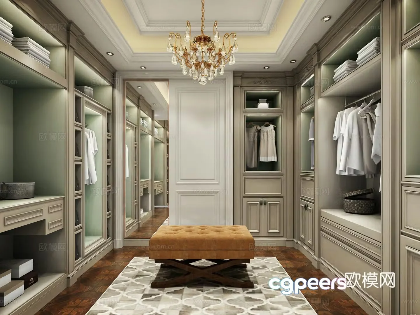 European style simple cloakroom wardrobe chandelier stool 3D model