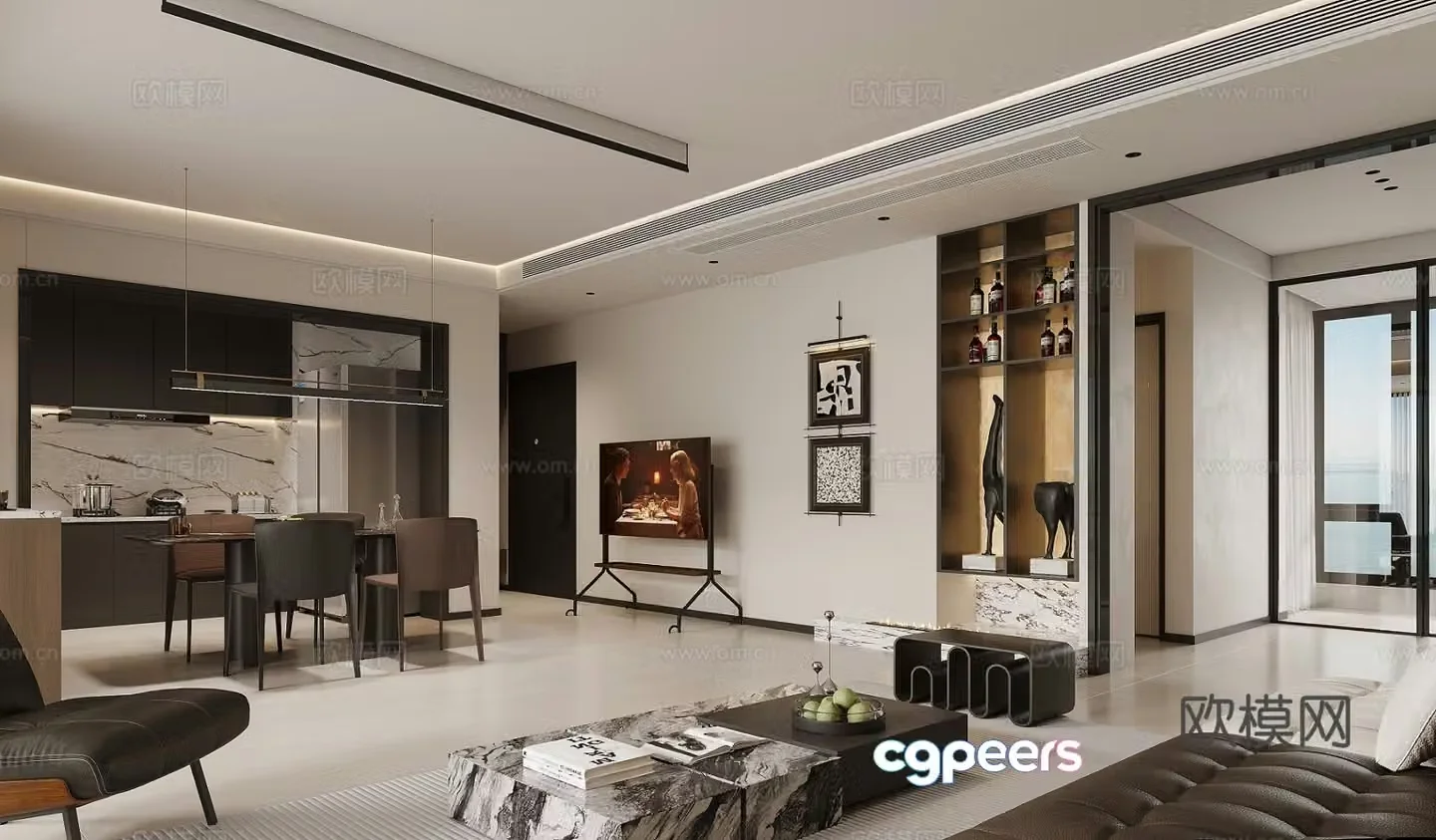 Modern living and dining room 3d model