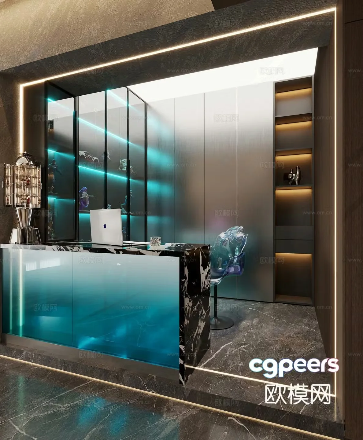 Modern Internet cafe front desk Gradient acrylic figure wall Decorative cabinet Bar chair 3D model