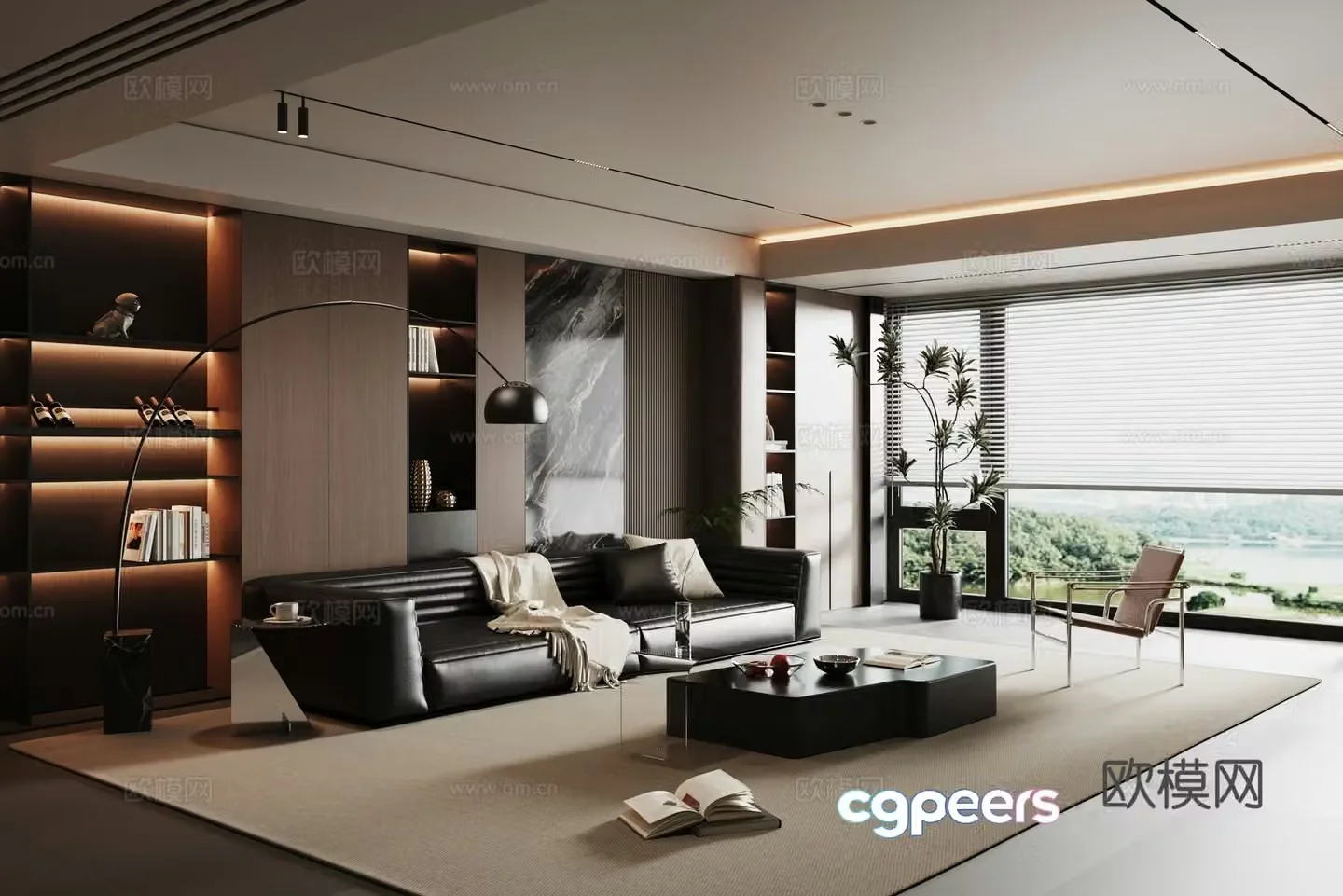 Modern minimalist and light luxury black and white gray living room 3D model