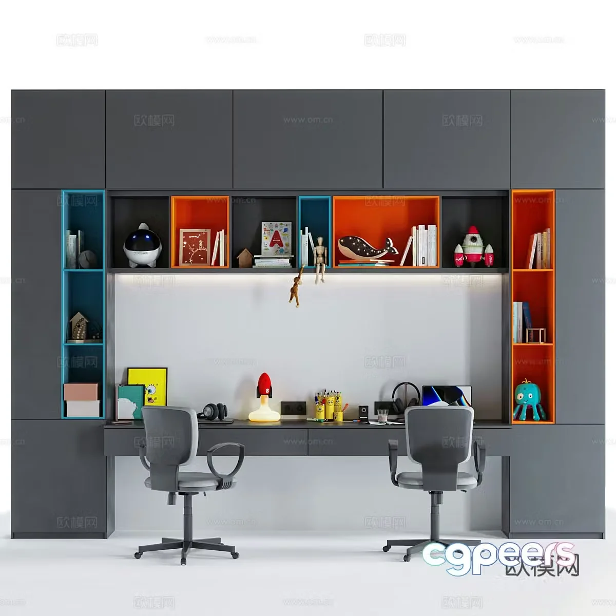 Modern children’s bookcase double desk full wall cabinet 3D model