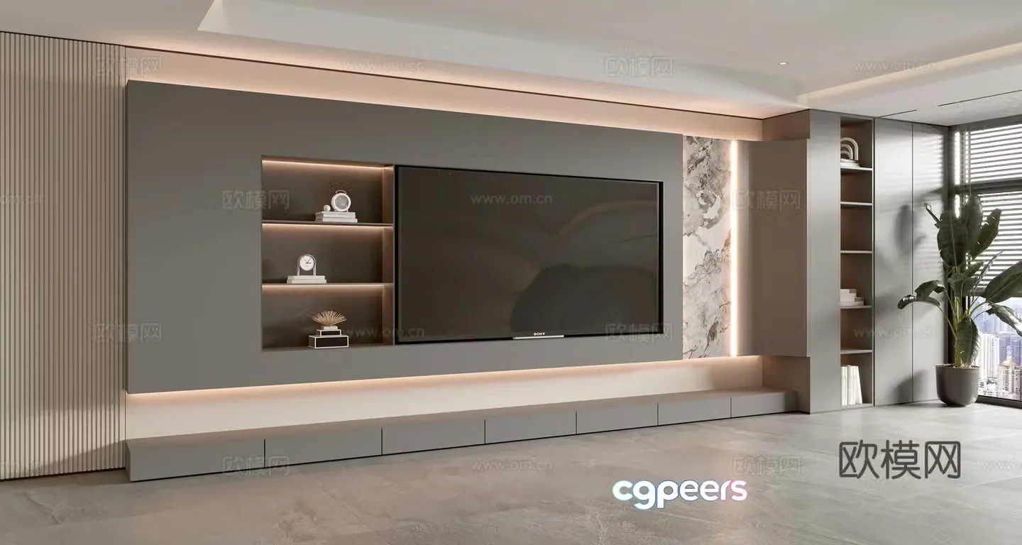 Modern Italian living room light luxury TV background wall full wall TV cabinet marble background wall 3d model