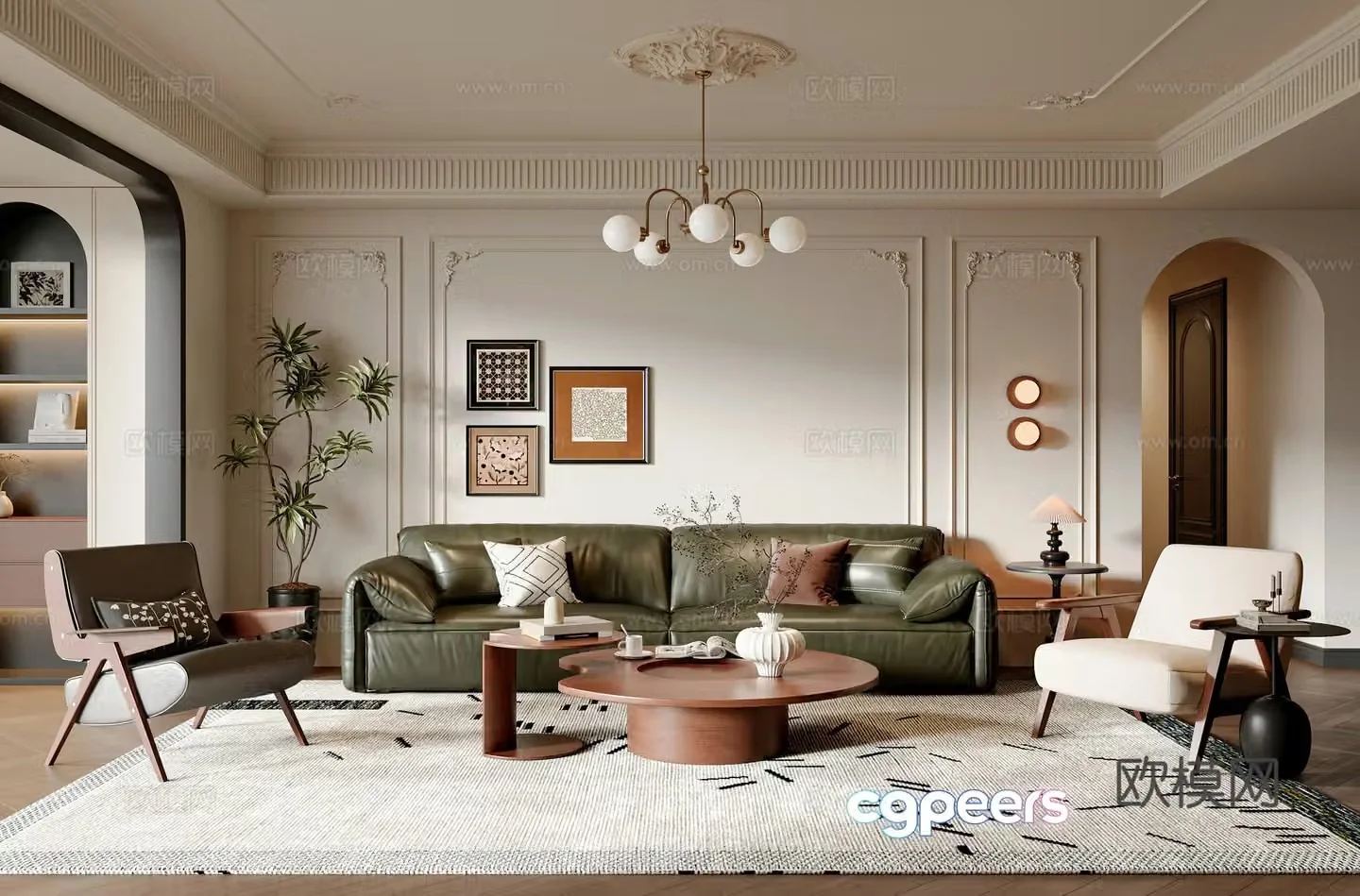 French medieval style living room sofa and coffee table combination leisure chair pier painting combination chandeliers 3D model