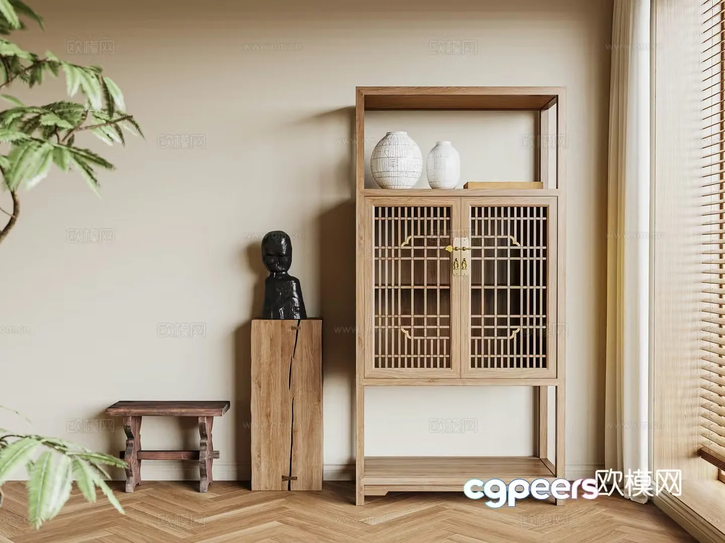 Chinese style cabinet Chinese style entrance cabinet side cabinet wooden chair 3D model